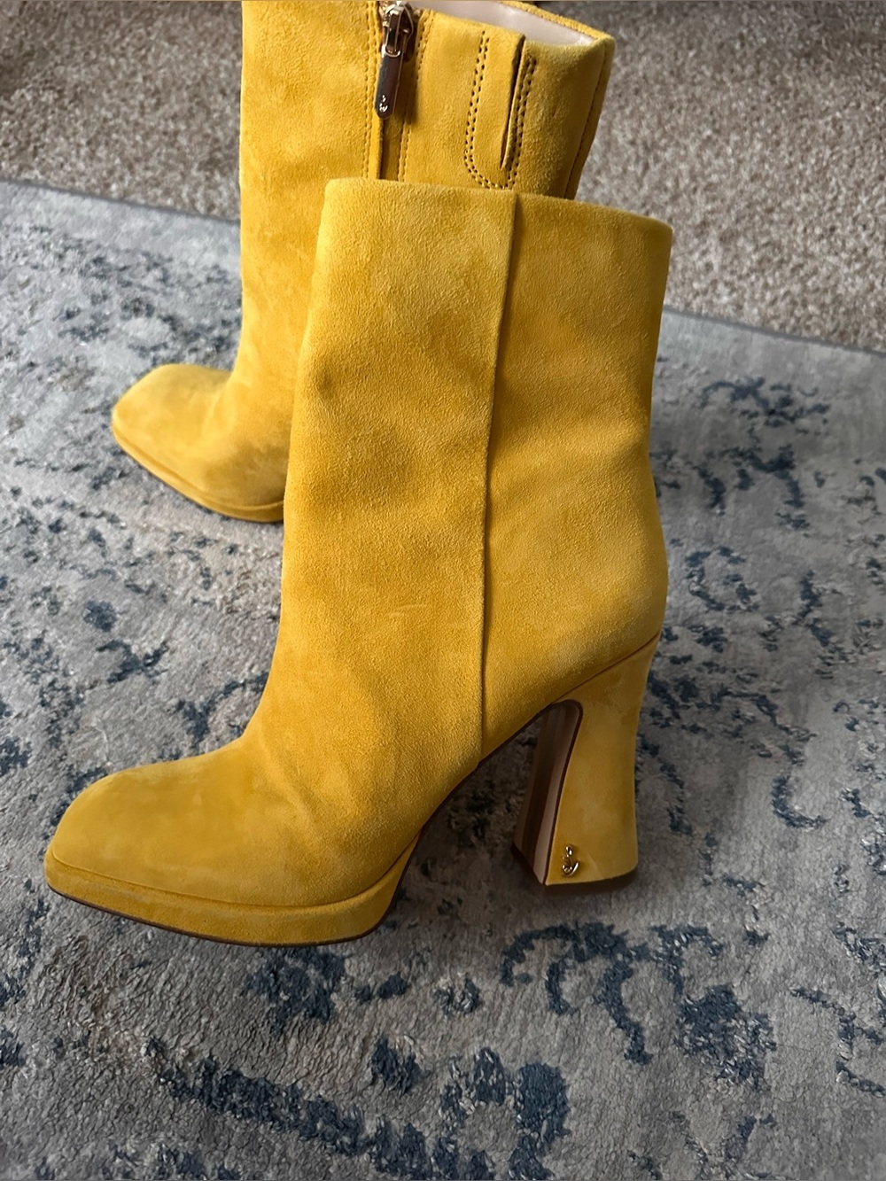 Sam Edelman Jaye Yellow Suede Block Heel Square-Toe Ankle Boots